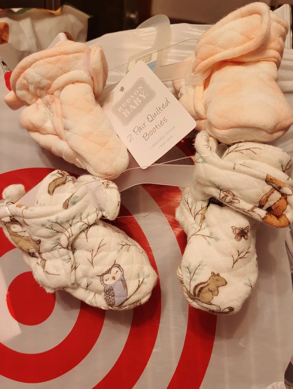 Hudson Baby Quilted Pink & Cream Woodland Non-Skid Slipper Booties, 0-6M, 2 Pair